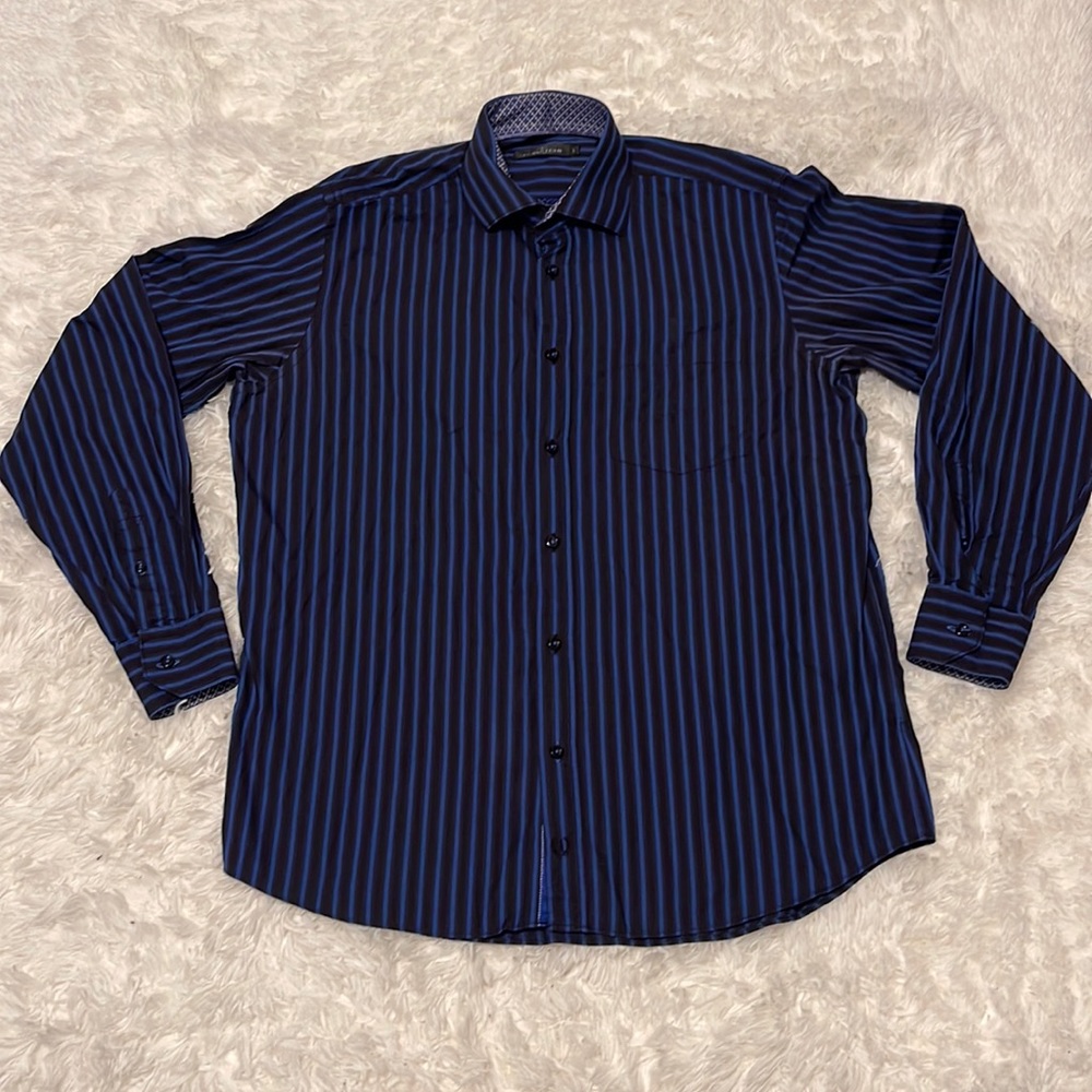 Bugatchi uomo long sleeve striped shirt Sz large 100% Cotton blue & black